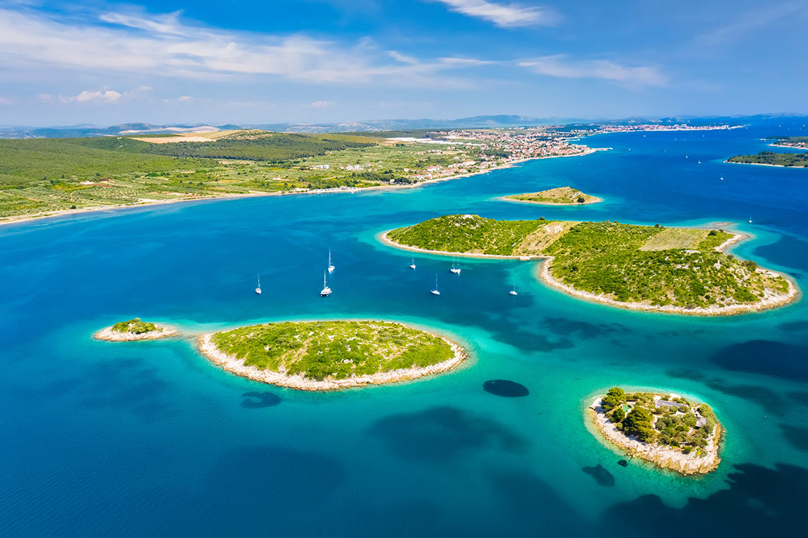 Aerial view of Kornati archipelago at sunrise. Kornati National Park, Croatia.