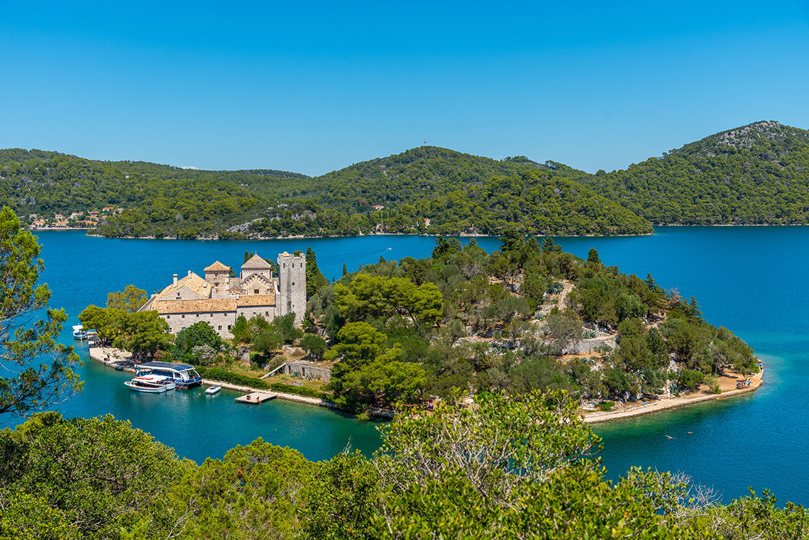 Small island with benedictine monastery of Saint Mary at Mljet National Park, Croatia