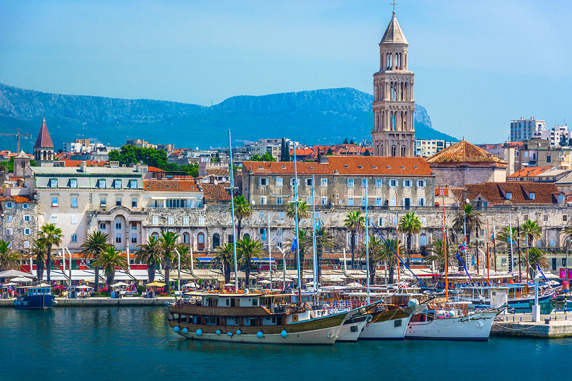 Seafront view of Split, Diocletian Palace from the Adriatic Sea, Croatia.