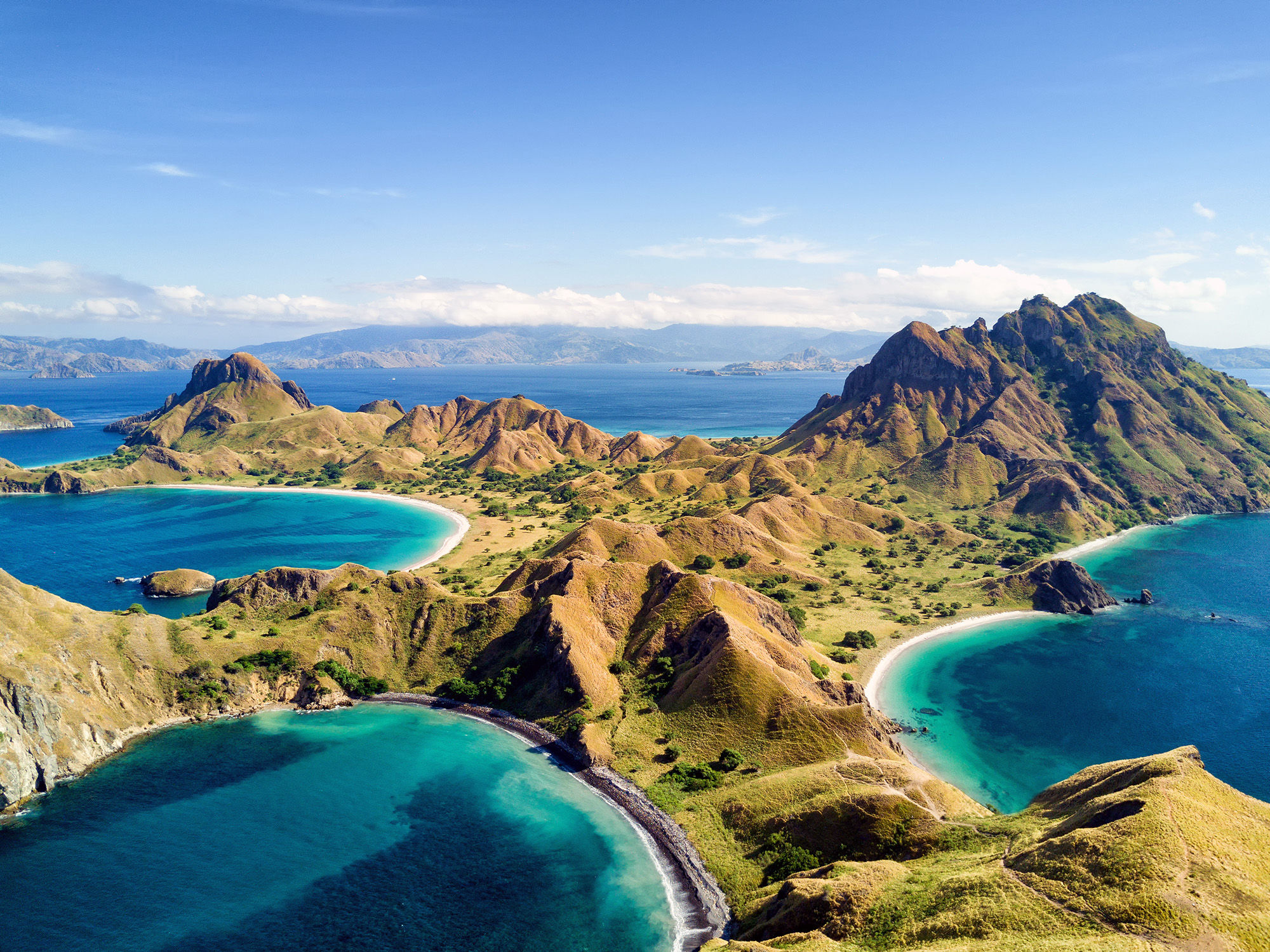 Aerial view of Pulau Padar island in between Komodo and Rinca Islands, in Indonesia