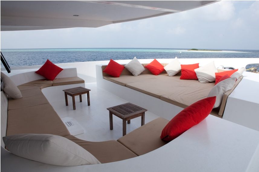 Lounge area perfect for sunset drink aboard Manta Cruise Liveaboard